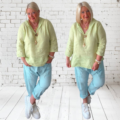 Leinen Bluse "MUNDO" mit Kapuze, kiwi