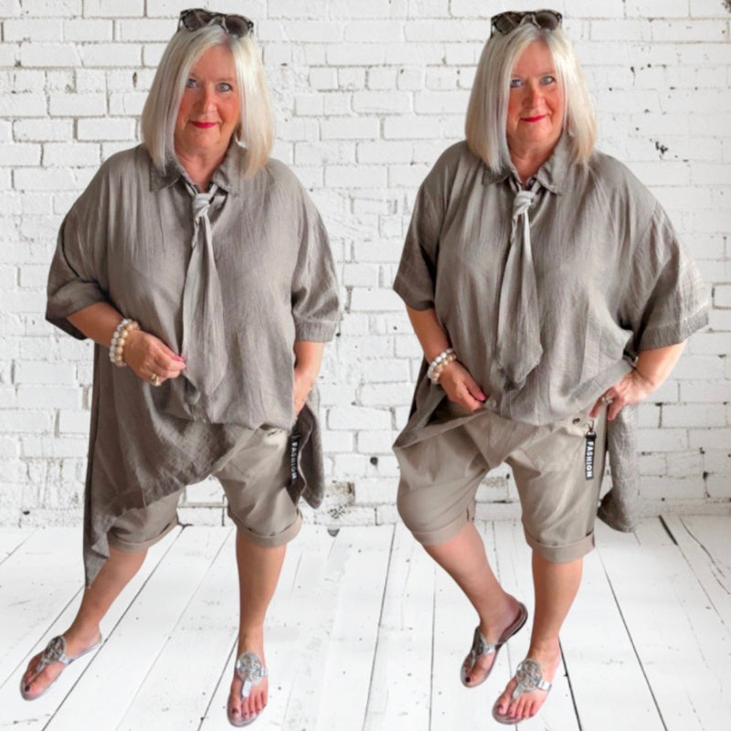 oversized Bluse "BUSINESS" mit Krawatte, taupe