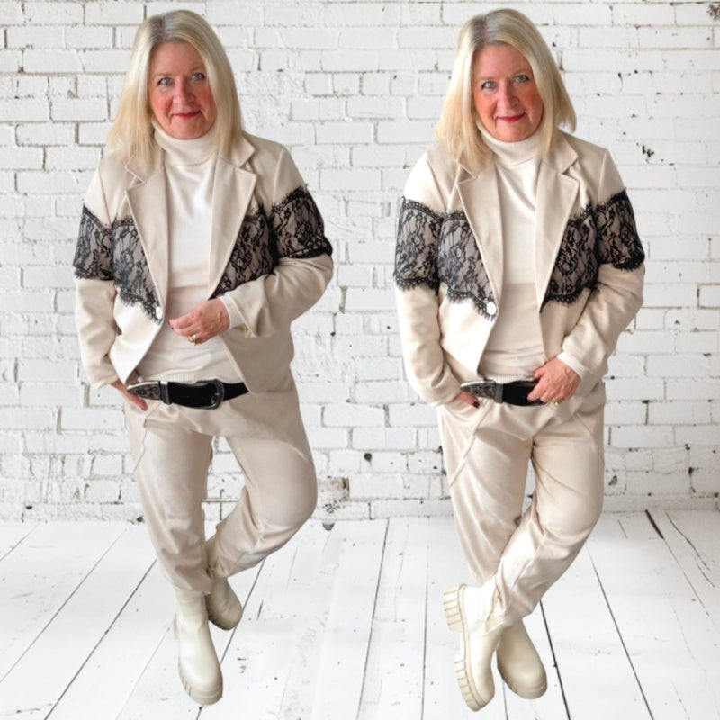 Velour Blazer "LACE TRIM", beige