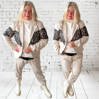Velour Blazer "LACE TRIM", beige