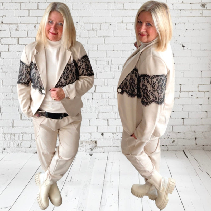 Velour Blazer "LACE TRIM", beige