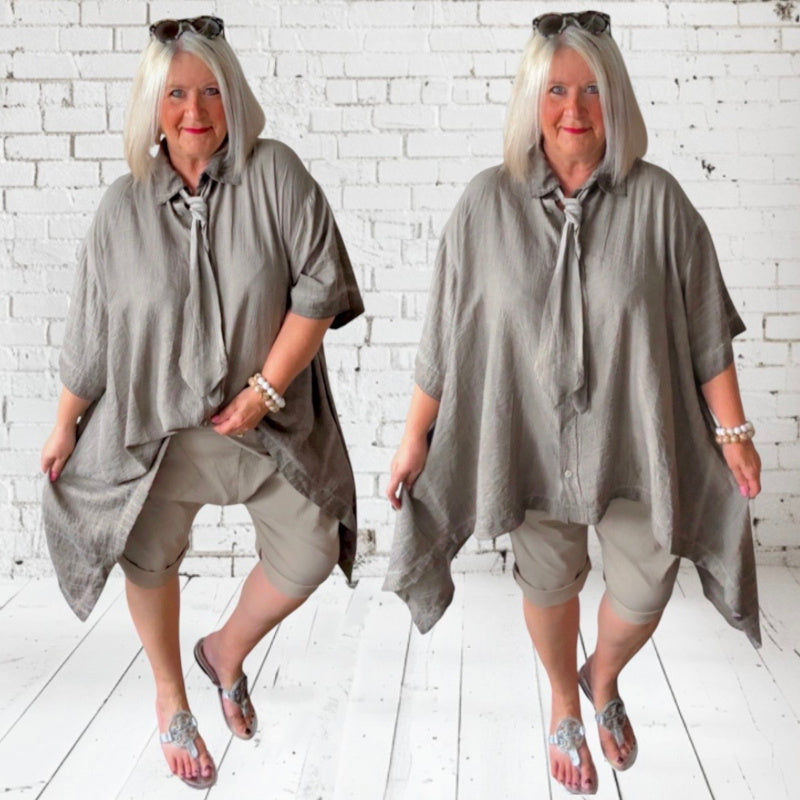 oversized Bluse "BUSINESS" mit Krawatte, taupe