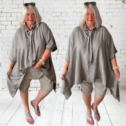 oversized Bluse "BUSINESS" mit Krawatte, taupe
