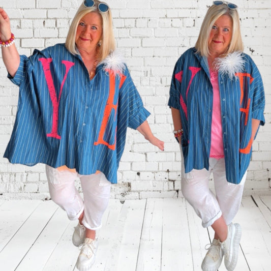 oversized Bluse "YEAH", denim-gestreift