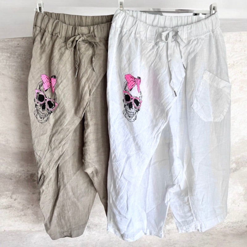 kurze Leinen Baggy "SKULL" mit Glitzer