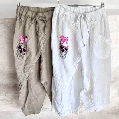 kurze Leinen Baggy "SKULL" mit Glitzer