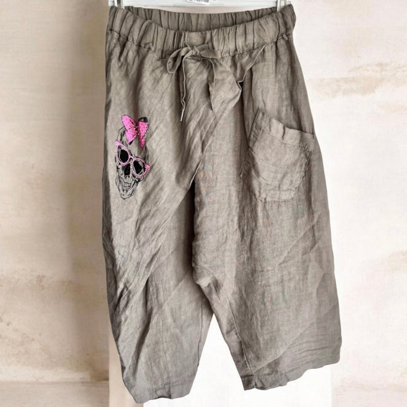 kurze Leinen Baggy "SKULL" mit Glitzer