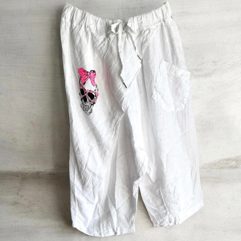 kurze Leinen Baggy "SKULL" mit Glitzer