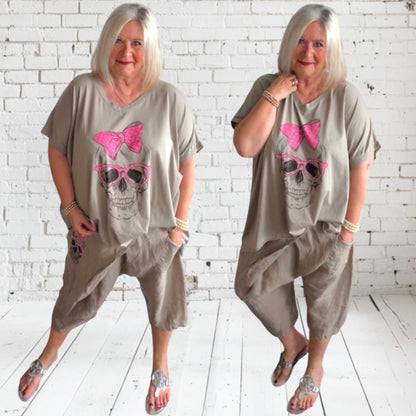 kurze Leinen Baggy "SKULL" mit Glitzer