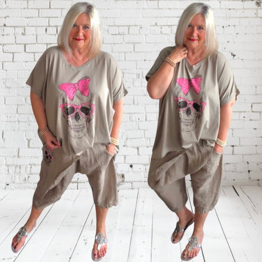 kurze Leinen Baggy "SKULL" mit Glitzer