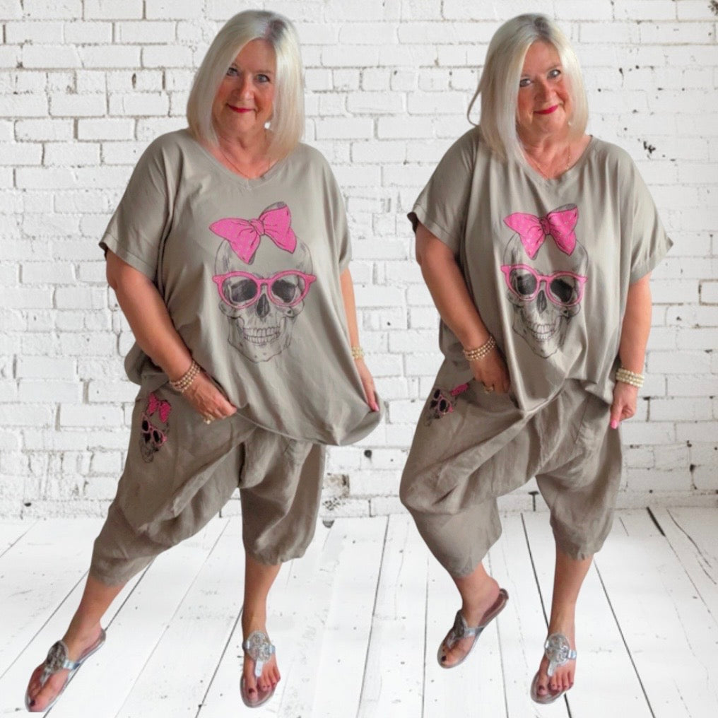 kurze Leinen Baggy "SKULL" mit Glitzer