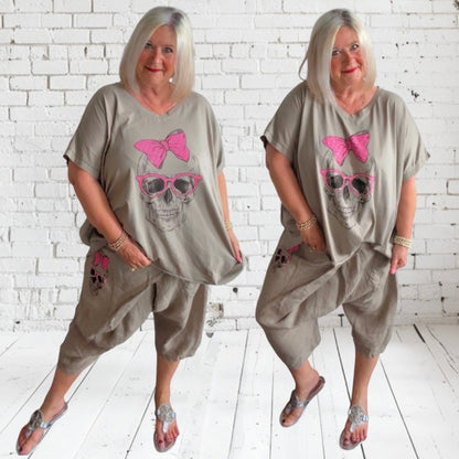 kurze Leinen Baggy "SKULL" mit Glitzer