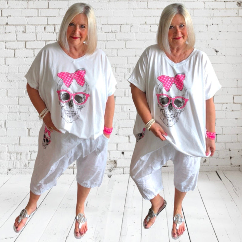 kurze Leinen Baggy "SKULL" mit Glitzer