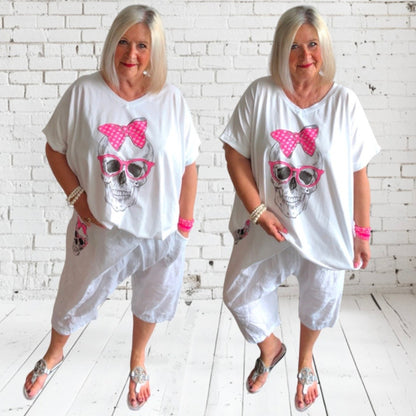 kurze Leinen Baggy "SKULL" mit Glitzer