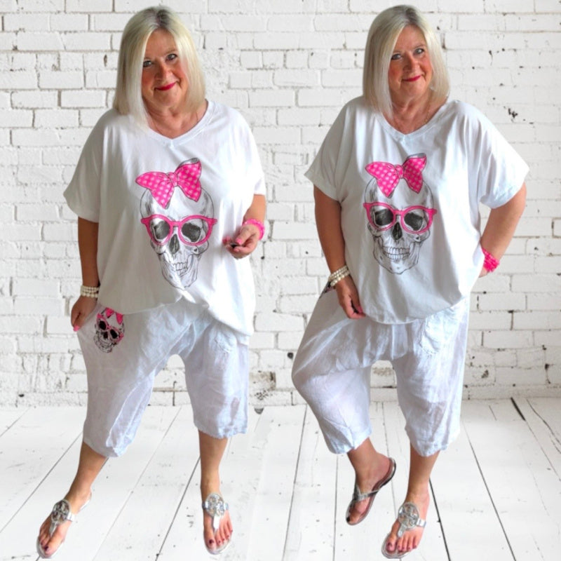 kurze Leinen Baggy "SKULL" mit Glitzer