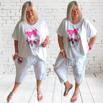 kurze Leinen Baggy "SKULL" mit Glitzer