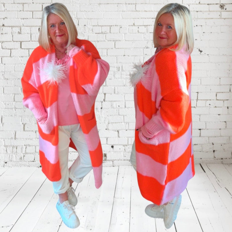 Maxi Strickmantel "VICE VERSA", rosa/neonorange