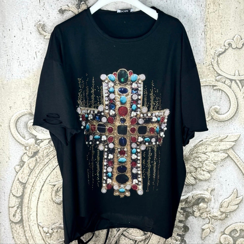 ROSE T-Shirt "DIAMOND CROSS" mit Strass, schwarz