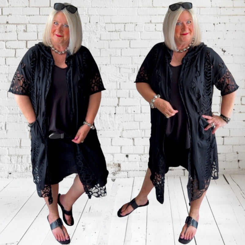 Sommermantel "LACE" mit Spitze und Kapuze, schwarz