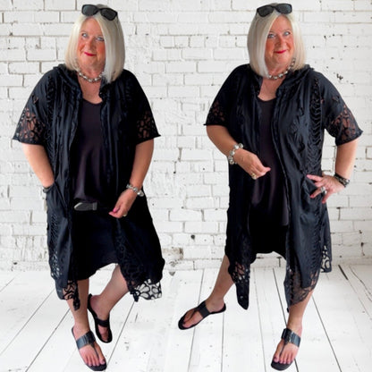 Sommermantel "LACE" mit Spitze und Kapuze, schwarz