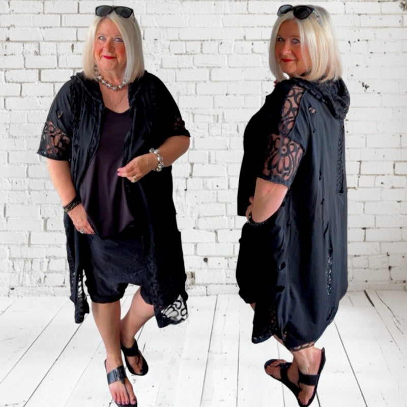 Sommermantel "LACE" mit Spitze und Kapuze, schwarz