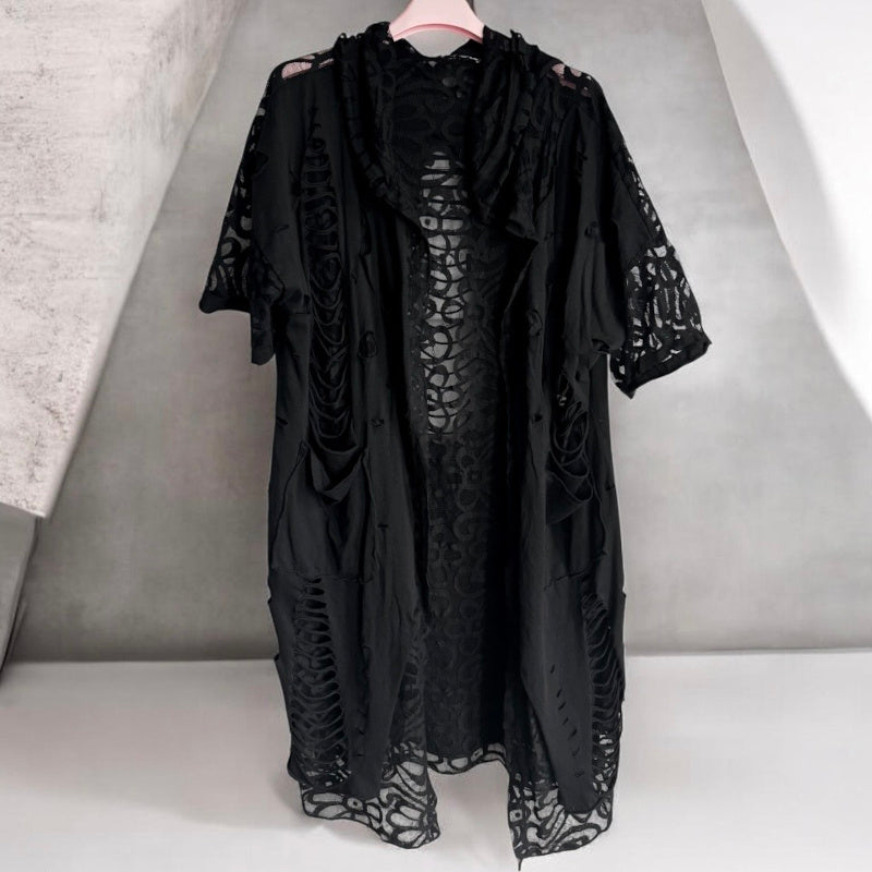 Sommermantel "LACE" mit Spitze und Kapuze, schwarz
