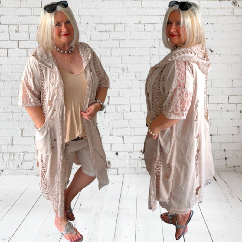 Sommermantel "LACE" mit Spitze und Kapuze, beige