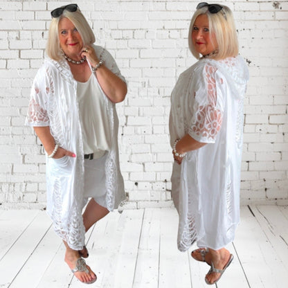 Sommermantel "LACE" mit Spitze und Kapuze, weiß