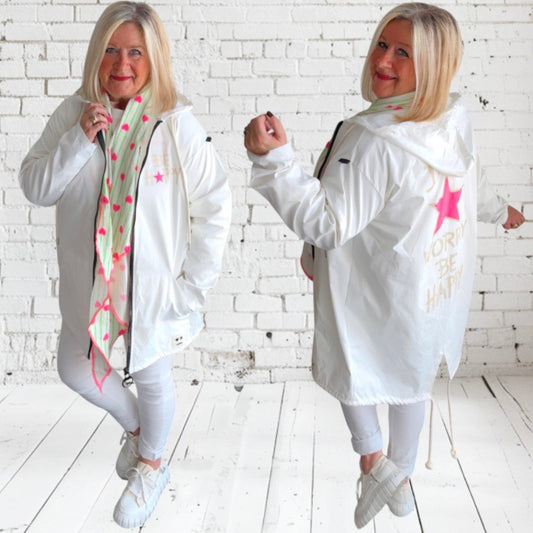 Mantel "BE HAPPY" mit Kapuze, weiß
