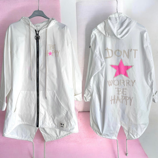Mantel "BE HAPPY" mit Kapuze, weiß