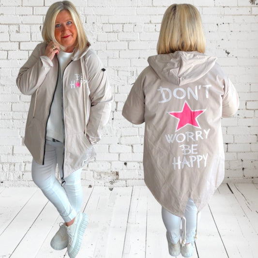 Mantel "BE HAPPY" mit Kapuze, beige