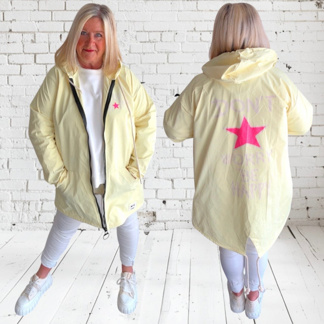 Mantel "BE HAPPY" mit Kapuze, zitronengelb