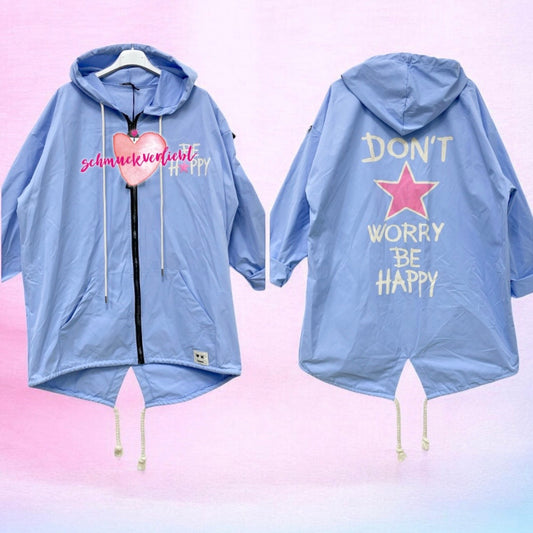 Mantel "BE HAPPY" mit Kapuze, hellblau