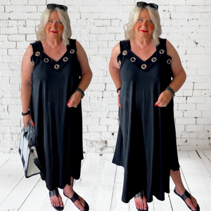 Träger Kleid "ESTIE" mit Ösen, schwarz