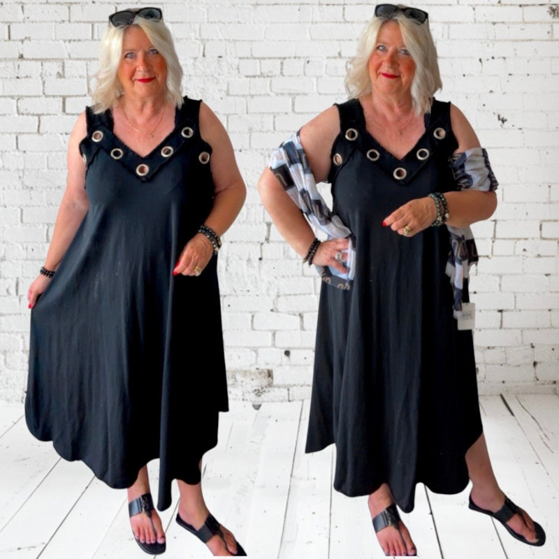 Träger Kleid "ESTIE" mit Ösen, schwarz