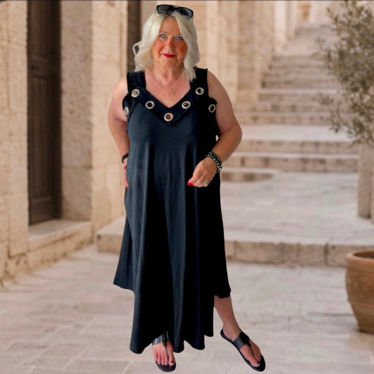 Träger Kleid "ESTIE" mit Ösen, schwarz