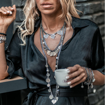 Halsketten "ETHNIC COINS & HEARTS", antiksilber