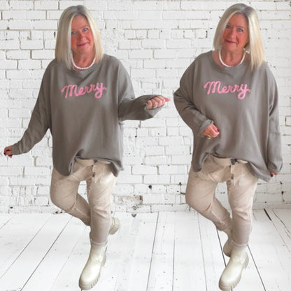 Sweatshirt "MERRY", taupe