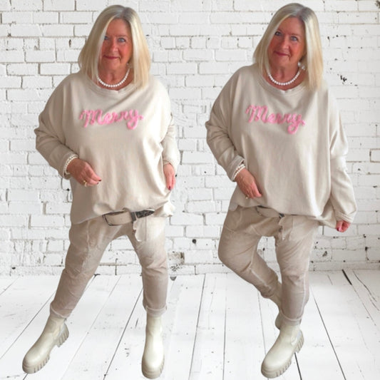 Sweatshirt "MERRY", beige