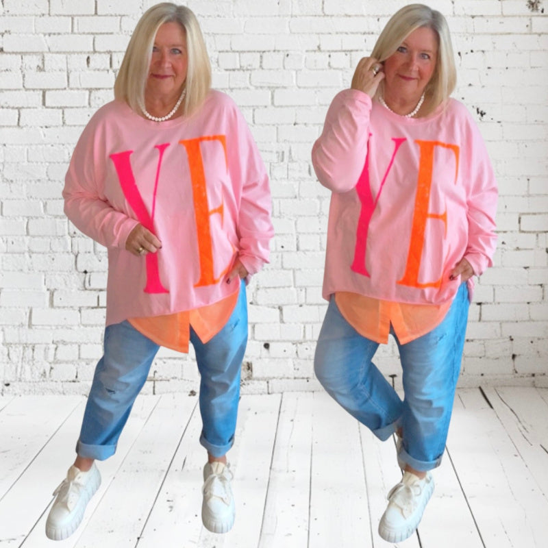oversized Langarm Shirt "YEAH", rosa