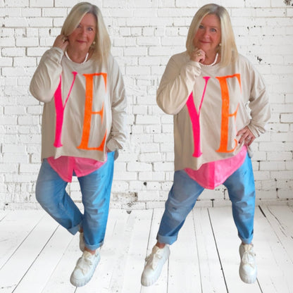 oversized Langarm Shirt "YEAH", beige