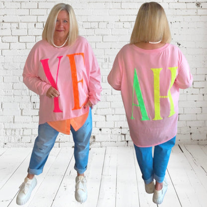 oversized Langarm Shirt "YEAH", rosa