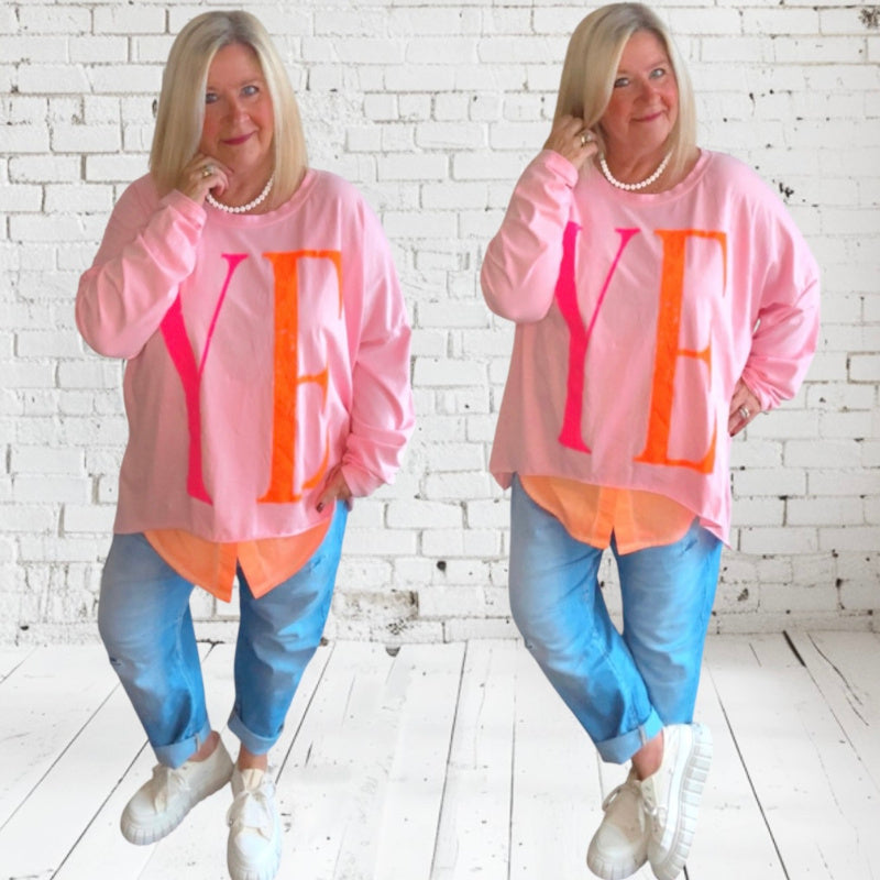 oversized Langarm Shirt "YEAH", rosa
