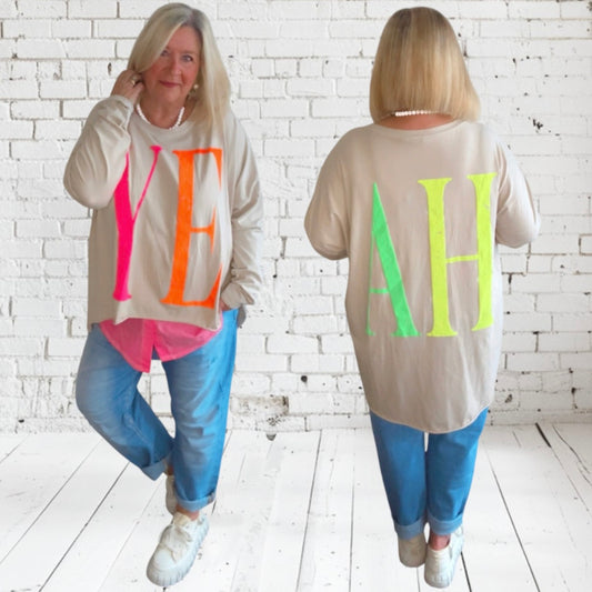 oversized Langarm Shirt "YEAH", beige