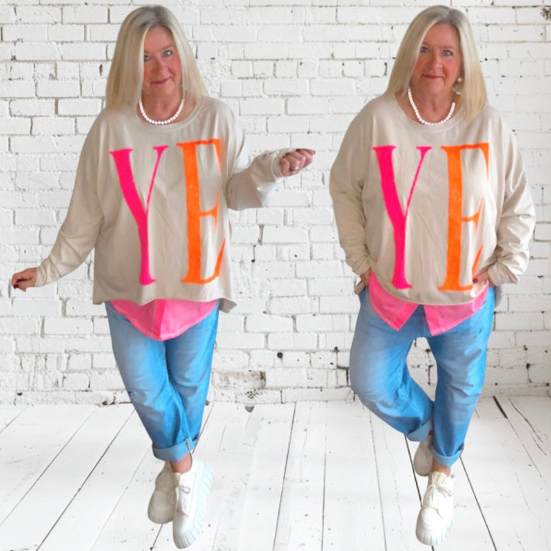 oversized Langarm Shirt "YEAH", beige
