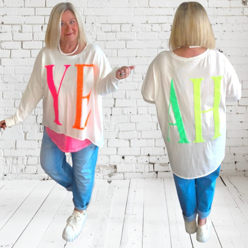 oversized Langarm Shirt "YEAH", weiß