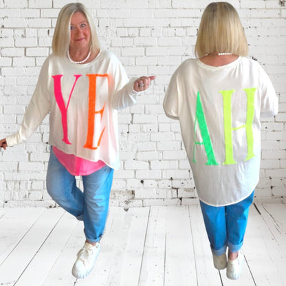 oversized Langarm Shirt "YEAH", weiß