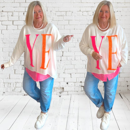 oversized Langarm Shirt "YEAH", weiß