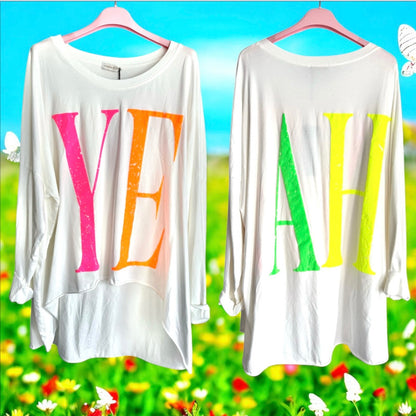 oversized Langarm Shirt "YEAH", weiß