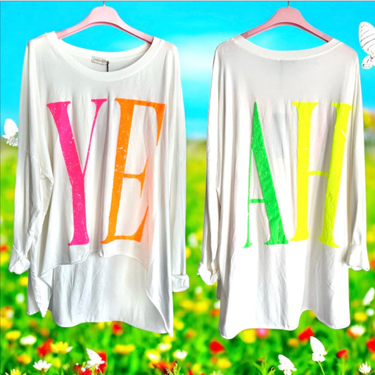oversized Langarm Shirt "YEAH", weiß